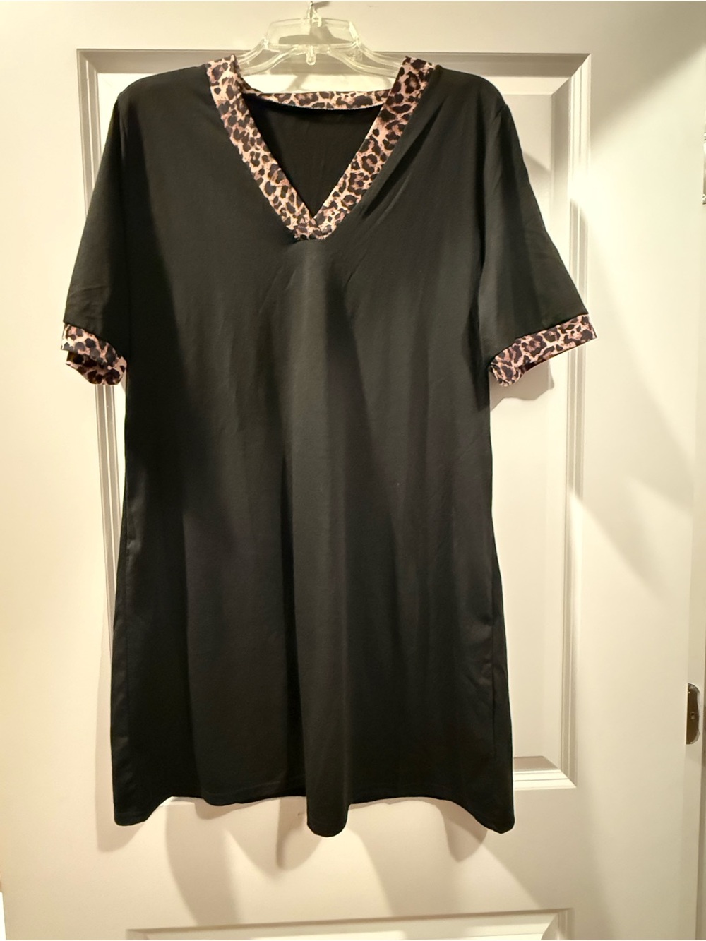 Black V-Neck Dress with Leopard Trim
